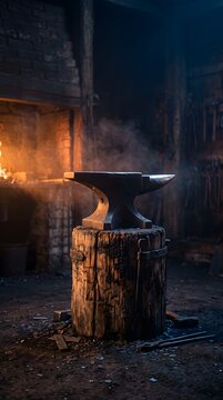 Vertical photograph of a blacksmith anvil mounted on a thick worn wooden stump standing alone in a dark workshop, warm orange firelight from a forge out of frame.