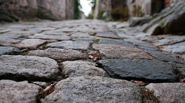 Close up view of weathered cobblestone path leading through narrow alleyway with blurred historic buildings in background