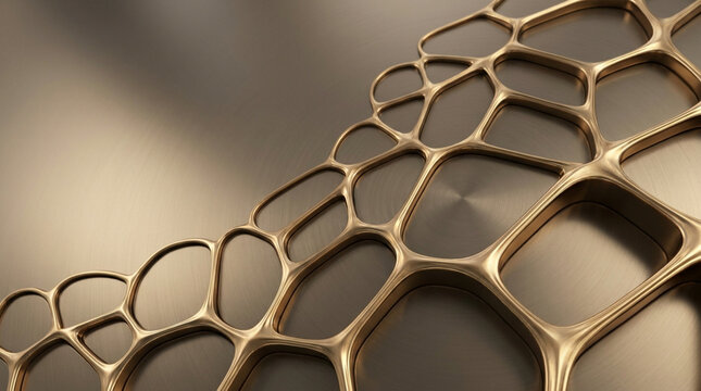 Dynamic abstract illustration of a golden metallic cellular mesh grid overlaying a brushed metal background.