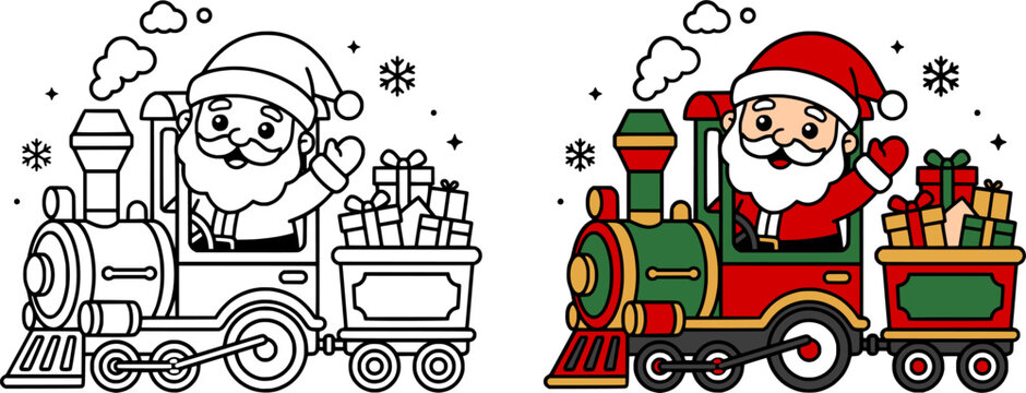 Cute Kawaii Santa Claus Driving Christmas Train with Gifts Waving Vector Illustration