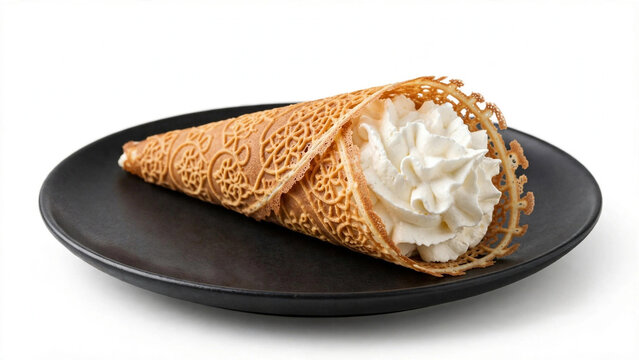 Krumkake Norwegian Lace Cone with Whipped Cream on Plate