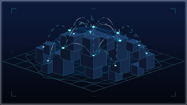 Digital data grid network animation with glowing cyber cube city scape