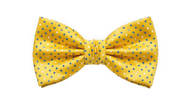 Yellow bow tie with blue polka dots isolated on transparent background