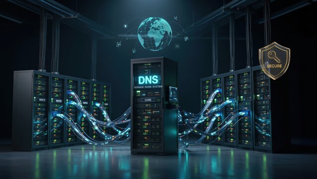 Advanced server rack displaying domain name system text inside futuristic high tech datacenter with glowing network cables