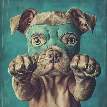 Charming puppy wearing a teal wrestling mask, with big eyes and raised paws, on a textured blue-green background