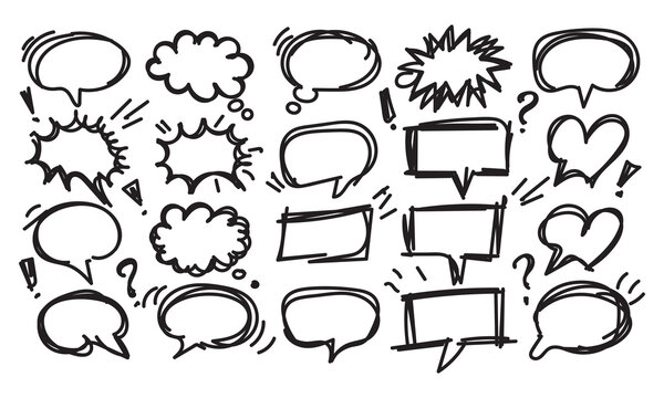 Hand drawn comic speech bubbles set, doodle chat balloons, sketchy thought clouds, message frames, scribble dialog boxes and explosion shapes for comic manga art
