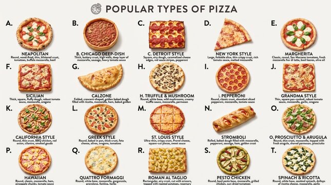 Informative culinary chart displaying popular types of delicious Italian pizza varieties with descriptive text labels
