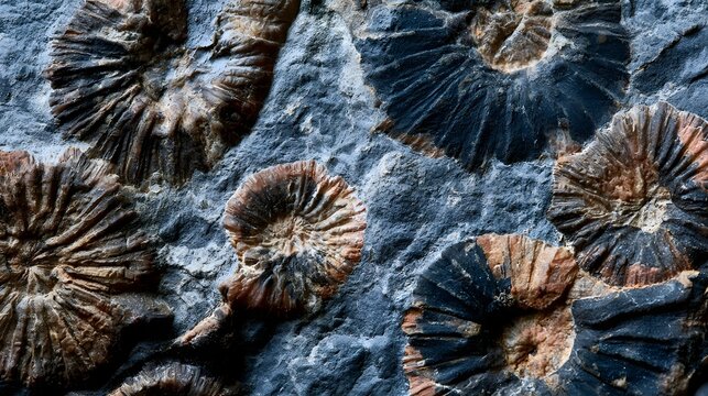 Close up of ancient marine fossils embedded in dark sedimentary rock  showing detailed spiral patterns and natural earth textures