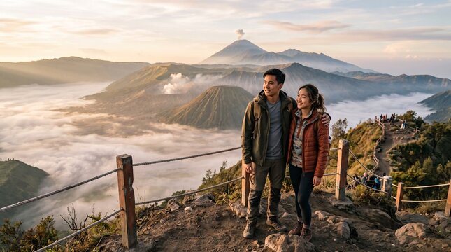 Asian couple enjoying a spectacular sunrise view over Mount Bromo volcanic landscape, standing at a scenic viewpoint surrounded by mist, mountains, and rugged terrain.