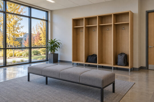 Daylit Visitor Cloakroom with Wooden Cubbies and Upholstered Bench