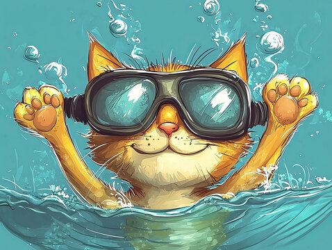 Cheerful orange cat wearing diving goggles swims in turquoise water with bubbles, raising its paws