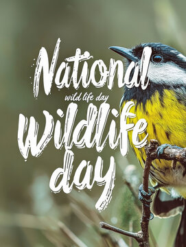 Close-up of a black and yellow bird perched on a branch, with a blurred natural background Features National Wildlife Day text overlay