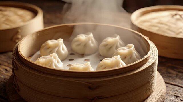 Steaming dumplings in bamboo baskets on wooden table