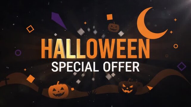 Animated halloween special offer graphic with floating pumpkins and crescent moon elements on dark background with themed graphic moving video animated