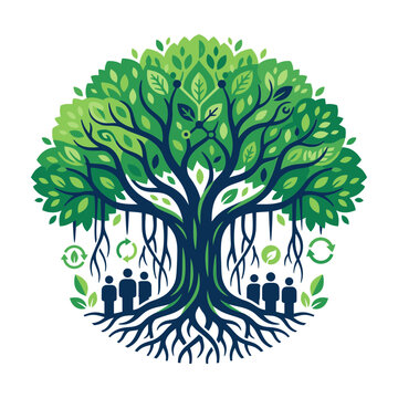 Flat design banyan tree vector with aerial roots and human figures, representing environmental sustainability, community, and nature conservation on white background.