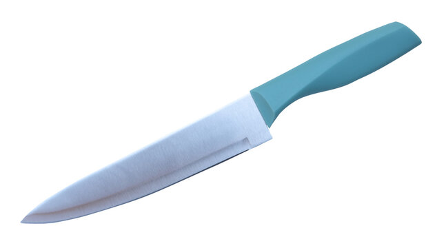 Single silver kitchen knife with green handle isolated on white background with clipping path