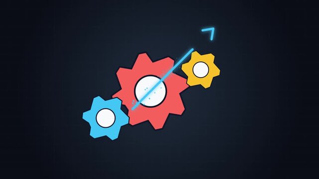 Flat vector illustration of colorful mechanical gears with an upward growth arrow symbolizing business development