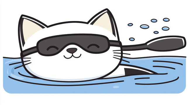 Cute cartoon white cat wearing a sleep mask, paddling happily in blue water with bubbles