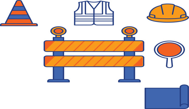 Road Construction and Safety Site Equipment Vector Set Featuring Barricades Traffic Cones Hard Hats Safety Vest and Blueprint Icons for Industrial Designs