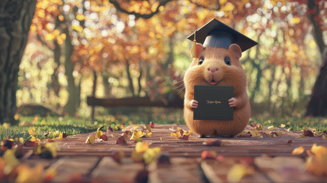 Cute fluffy guinea pig wears a graduation cap, holding a diploma on a wooden path covered in colorful autumn leaves