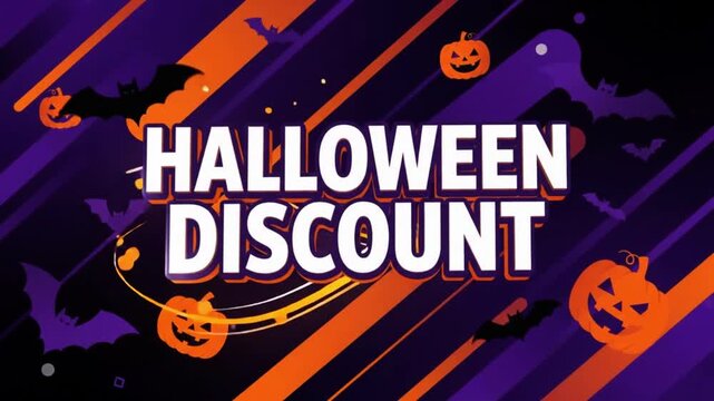 Halloween discount text animation with floating orange pumpkins and black bats on a purple striped background with motion graphic holiday sale animated