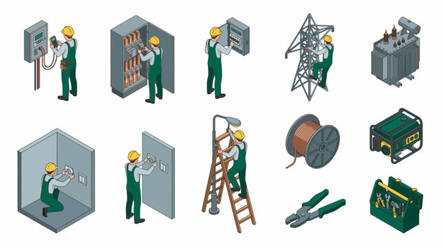 Isometric electrician vector set showing electrical maintenance, power grid repair and equipment installation, concept for industrial service and energy infrastructure