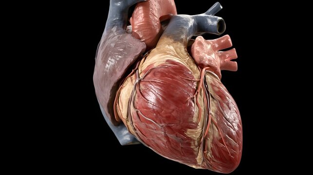 Anatomical illust n of the human heart with visible chambers  valves  and major blood vessels in a clinical perspective