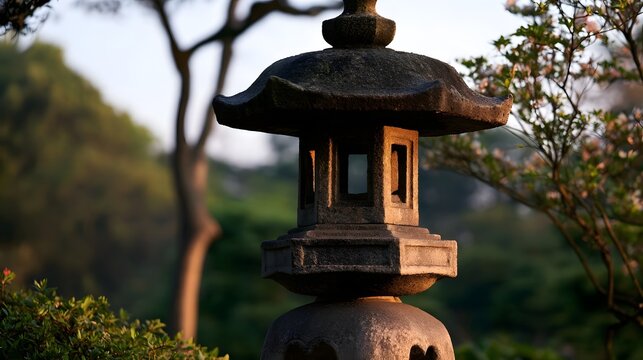 A traditional Japanese stone lantern stands in a serene garden  surrounded by trees and soft evening light
