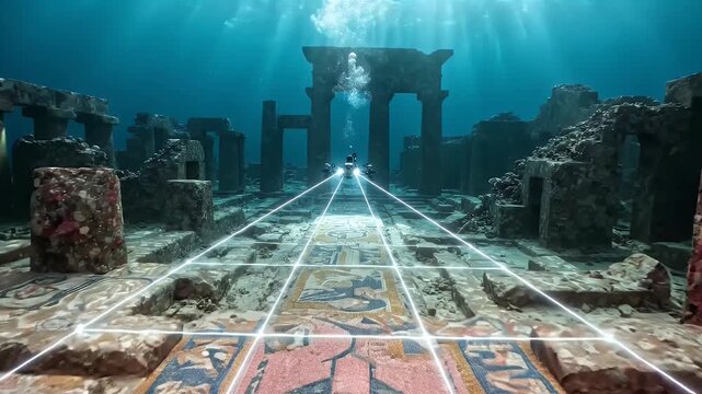 Underwater ancient ruins with divers exploring stone structures