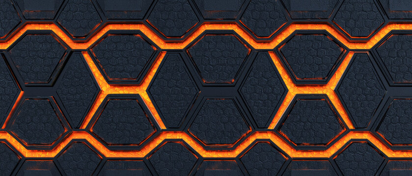 Dark textured hexagonal grid with vibrant orange glowing lines forming a seamless abstract pattern