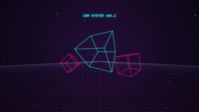 Retro futuristic digital landscape with glowing neon wireframe cubes and starry space background