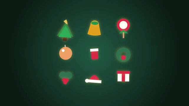 Set of flat christmas theme icons featuring seasonal objects on a dark green background