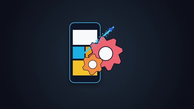 Smartphone interface optimization concept with mechanical gears and arrow icon for mobile development and application settings
