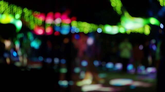 Night bokeh abstract background light digital blur, brigth walk people defocused footage, mockup merry christmas happy new year, view city tourism travel celebration.