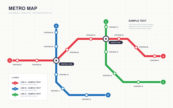 Metro subway map infographic with three colored lines, stations and interchange hubs, vector route network template