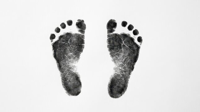 Detailed black ink baby footprints isolated on white background showing unique skin textures and tiny toe pads.