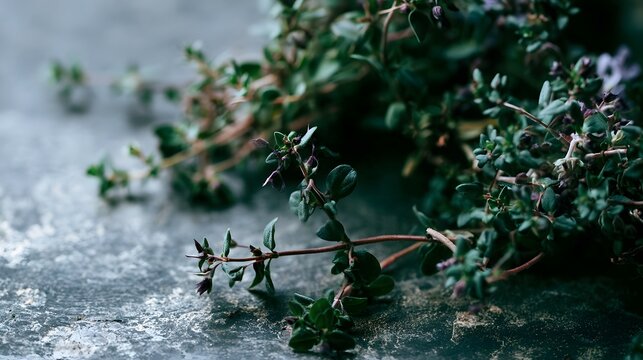 Fresh green thyme sprigs rest on a textured stone surface with soft natural lighting and shallow depth of field