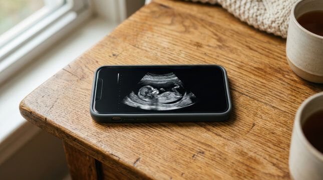 Ultrasound image on smartphone supports healthcare accessibility with prenatal technology in warm wooden home setting