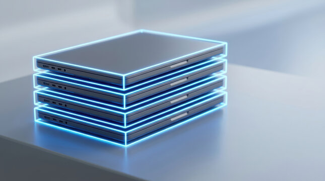Server stack with blue neon lighting represents cybersecurity data protection in modern technology environment