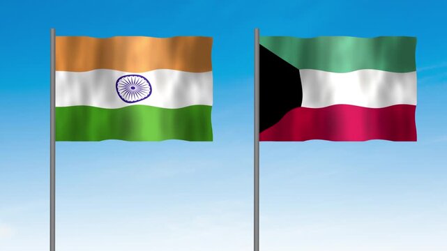 Flag of Kuwait and India, Pole flag of Kuwait and India on clear sky background. Kuwait and India flag waving. 
