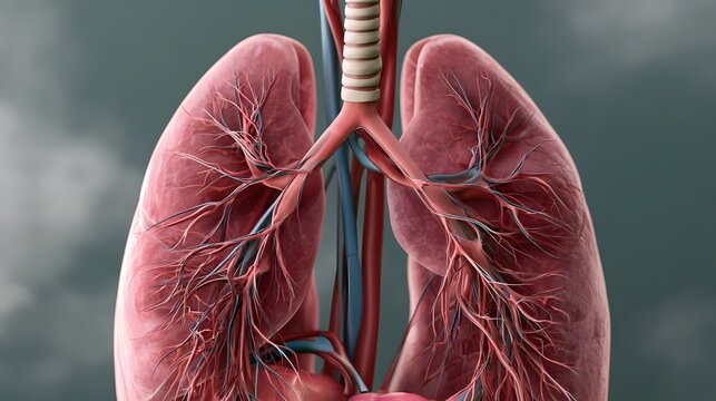 Anatomical illust n of human lungs with branching bronchi and visible vascular networks against a muted background