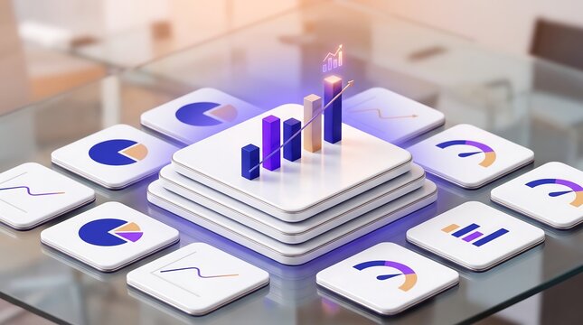 Business data analytics dashboard with 3D bar chart and pie charts floating over glass desk representing professional financial reporting and digital market intelligence analysis tools