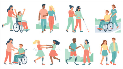 Fototapeta premium Set of illustrations featuring people with various disabilities and their supportive companions.