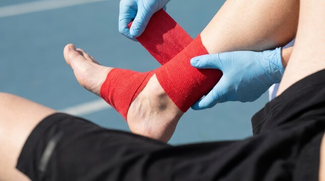 Physiotherapist applies elastic red bandage on injured athlete ankle joint to stabilize muscle after sport trauma.