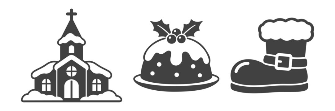 雪の教会とクリスマスプディングとサンタブーツのモノクロアイコンセット