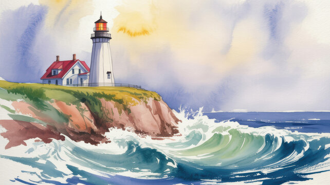 Watercolor painting of a white lighthouse on a rocky cliffside overlooking crashing ocean waves