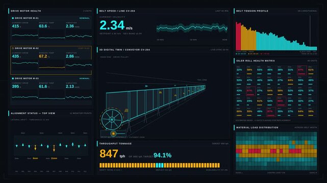 Monitor the performance of a conveyor system with a digital twin dashboard displaying belt speed, motor conditions, and alignment status in a high-tech industrial setting.