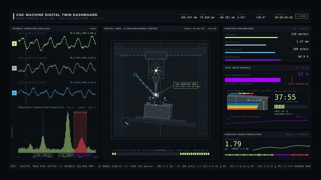 A detailed digital twin dashboard interface showcasing a CNC machine tracking spindle vibration and tool wear with vibrant telemetry graphics and animated cutting processes.