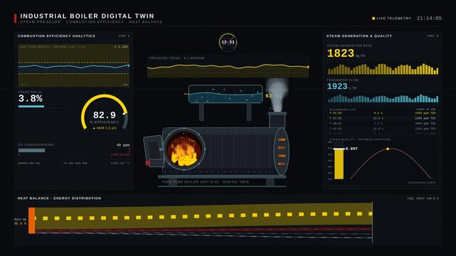 Industrial boiler digital twin dashboard showcases real-time steam pressure and combustion efficiency metrics with vibrant animations and detailed analytics for optimal performance monitoring.