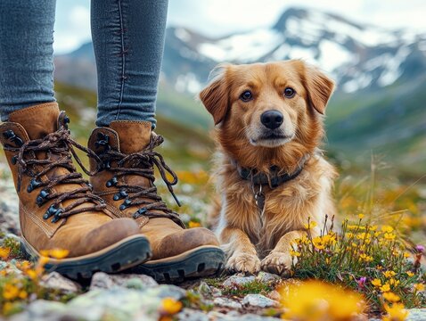 A dog rests by its owner's hiking boots amidst yellow wildflowers with a mountain landscape in the background. AI.